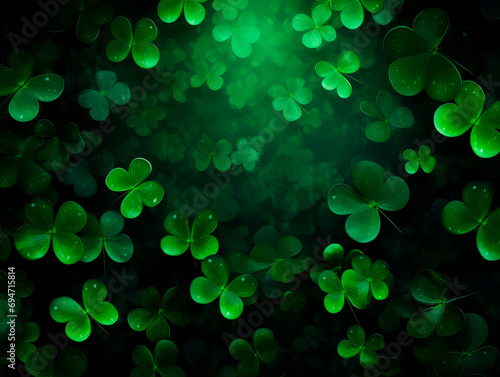 The green background of the copy area with clover and gold coins for St. Patrick's Day. Bokeh. Blur. 