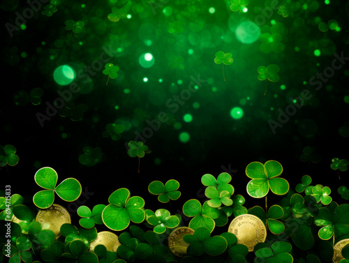 The green background of the copy area with clover and gold coins for St. Patrick's Day. Bokeh. Blur.