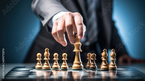 A business strategy organization concept depicted through a chessboard game, where hands engage in strategic brainstorming, touching the king figure.