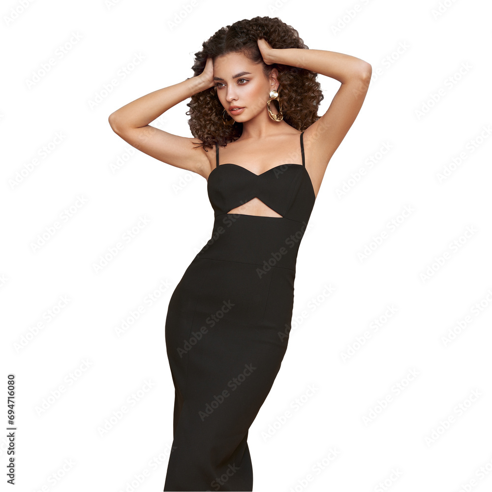 Portrait of gorgeous elegant sensual woman wearing fashion black dress. Brunette woman with a hairstyle in the style of Afro curls. Care and beauty. Fashion photo Portrait of gorgeous elegant sensual woman wearing fashion black dress. Brunette woman with a hairstyle in the style of Afro curls. Care and beauty. Fashion photo