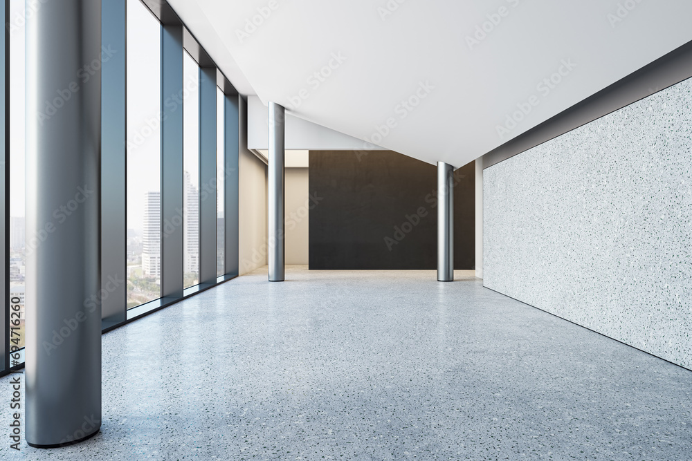Modern hallway interior with window and city view, columns, blank mock up place and daylight. 3D Rendering. Modern hallway interior with window and city view, columns, blank mock up place and daylight. 3D Rendering.