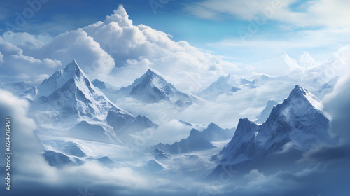 Majestic Peaks  High Mountains Enveloped in Snow and Clouds