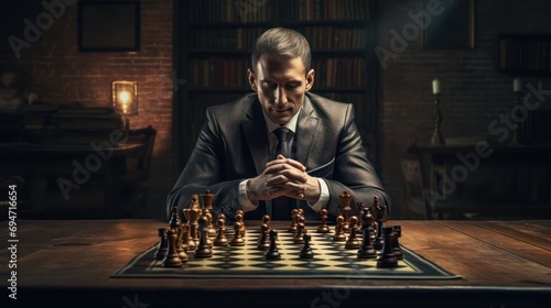 Capture the essence of business strategy as a businessman with clasped hands meticulously plans and strategizes with chess figures on an antique wooden table.