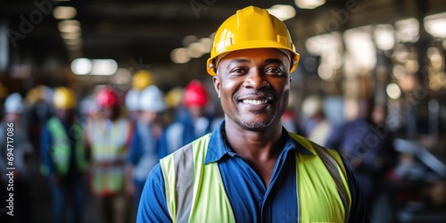 Portrait of smiling African American worker standing in construction site. © Andrey