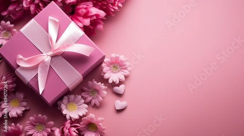 Elegant Gift Box with Satin Ribbon and Flowers on Pink Background © JD