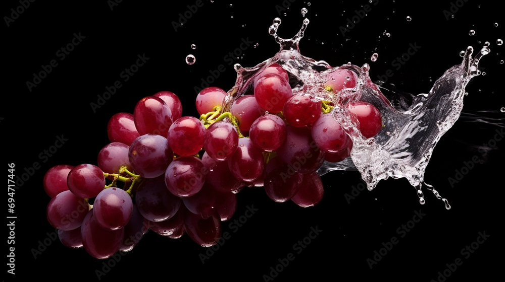 Imagine a black or dark red grape captured mid-splash in water against a white background, with a clipping path for easy isolation. This could illustrate the fruit in a dynamic and vibrant manner.