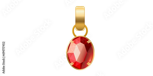 Red Hydro Glass Pendant Isolated On White Background, Gold Plated Gemstone Pendant Vector Illustration.
