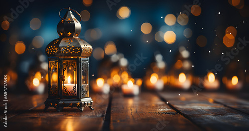 Ornamental Arabic lantern with burning candle glowing at night. Festive greeting card, invitation for Muslim holy month Ramadan Kareem. photo