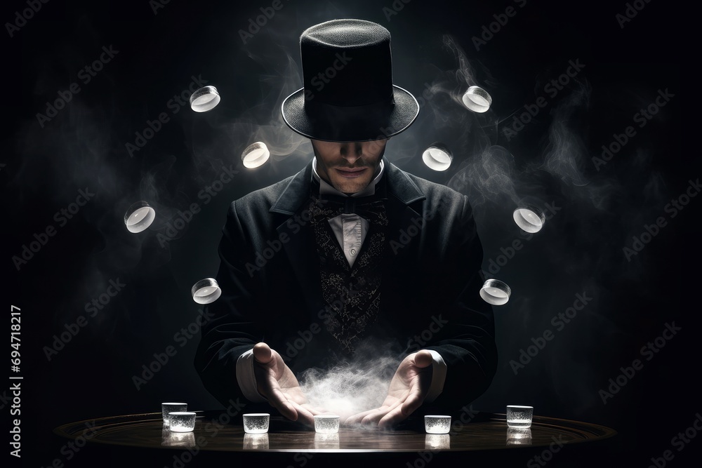 Theatrical Magician with top hat scene. Show retro party trick performer. Generate Ai - obrazy, fototapety, plakaty 