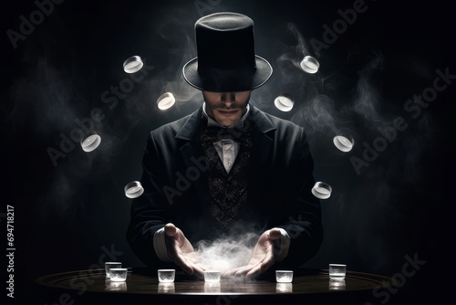 Theatrical Magician with top hat scene. Show retro party trick performer. Generate Ai