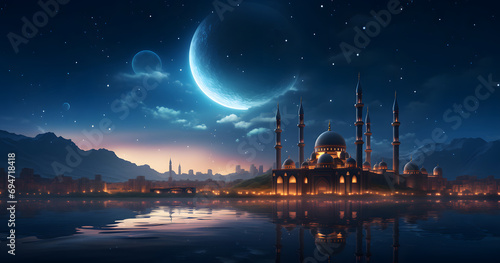 Sky night stars and moon, islamic night,sunset photo