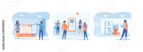 Online payment and wallet. People scanning code qr using mobile smart phone. Payment approved online. Online Payment 2 set flat vector modern illustration