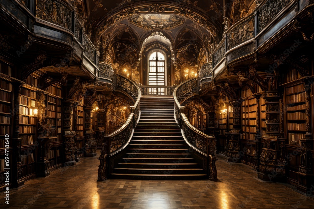 Grand Magnificent library. Old interior room. Generate Ai
