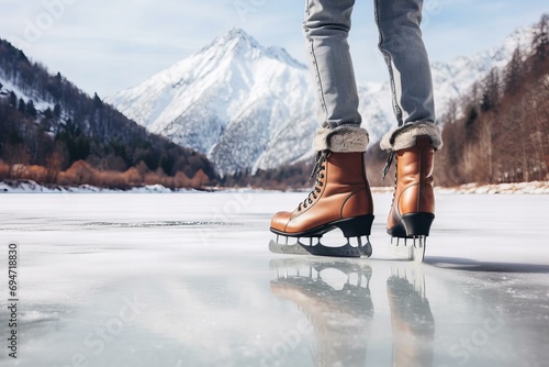 close up detail of a person ice skating on a frozen lake, scenic winter mountains view in the background