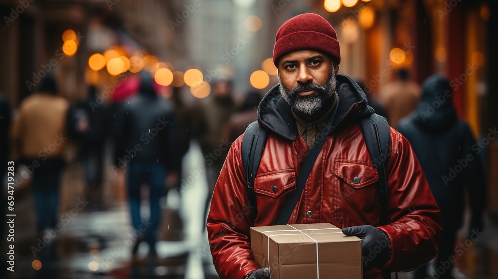 delivery guy in red handing out package, defocused background