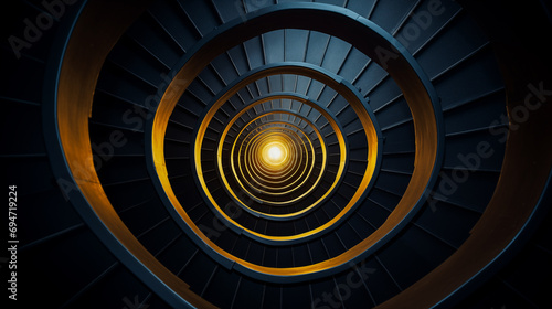 A top-down shot of a staircase spiraling into darkness  capturing the feeling of vertigo.