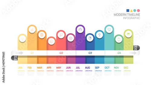 Business step timeline infographic arrow template. Modern milestone element timeline diagram calendar and 4 quarter topics, vector infographics.