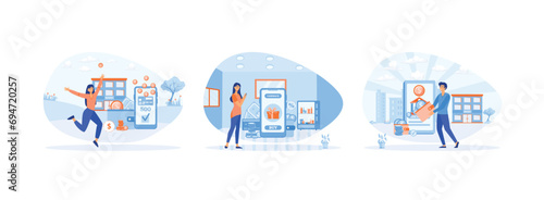 Loyalty program. Discounts on points and prizes. Paying online and receiving bonus money. Cash back 2 set flat vector modern illustration 