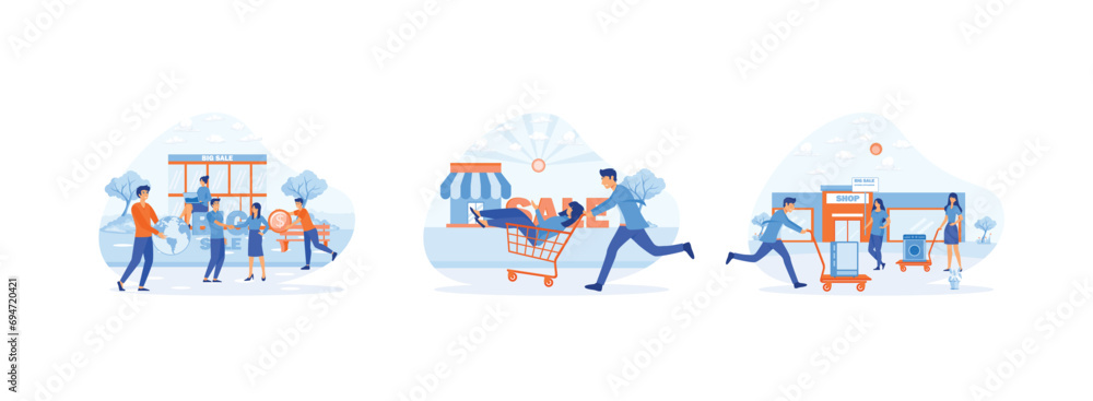 Big sale. Man push shopping cart with woman. Happy buyers at the sale of equipment. Big sale set flat vector modern illustration 
