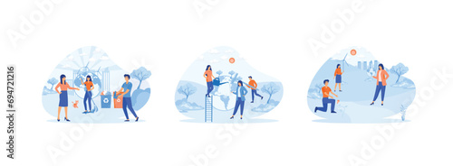 Ecology concept. Green planting and watering. Renewable energy. Ecology 1, set flat vector modern illustration 