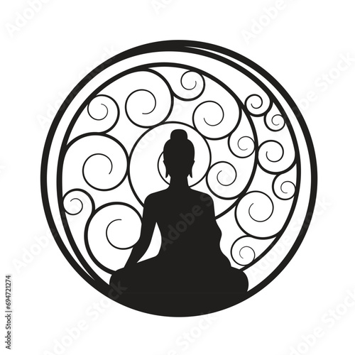 Black Buddha sit and meditation in circle with coiled lines art style vector design