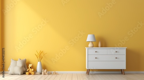 Interior of modern minimalist children's nursery room with bright yellow wall