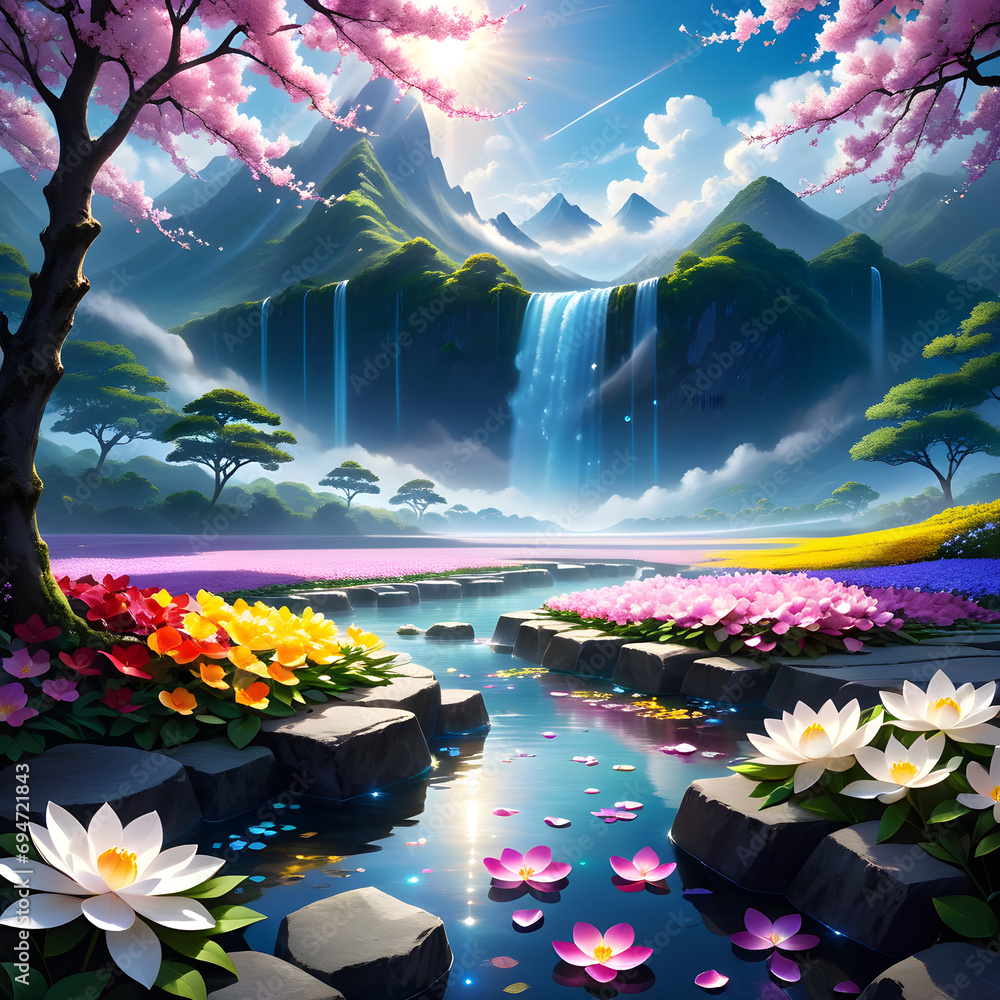 Sacred darkness, soft light, dense spiritual energy, and vibrant fallen flowers surround Shi Hao in a timeless moment of immortality.(Generative AI) - obrazy, fototapety, plakaty 