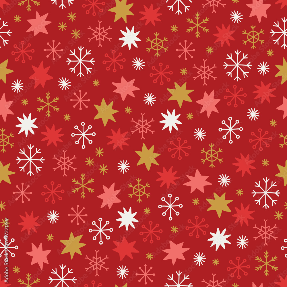 Christmas seamless pattern with stars and snowflakes on red background Christmas seamless pattern with stars and snowflakes on red background