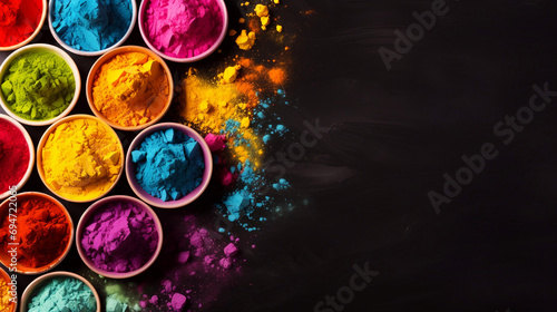 Happy holi festival decoration Top view of coloured powders on dark background
