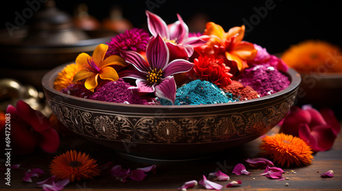 happy holi festival coloured powders with flowers on dark background