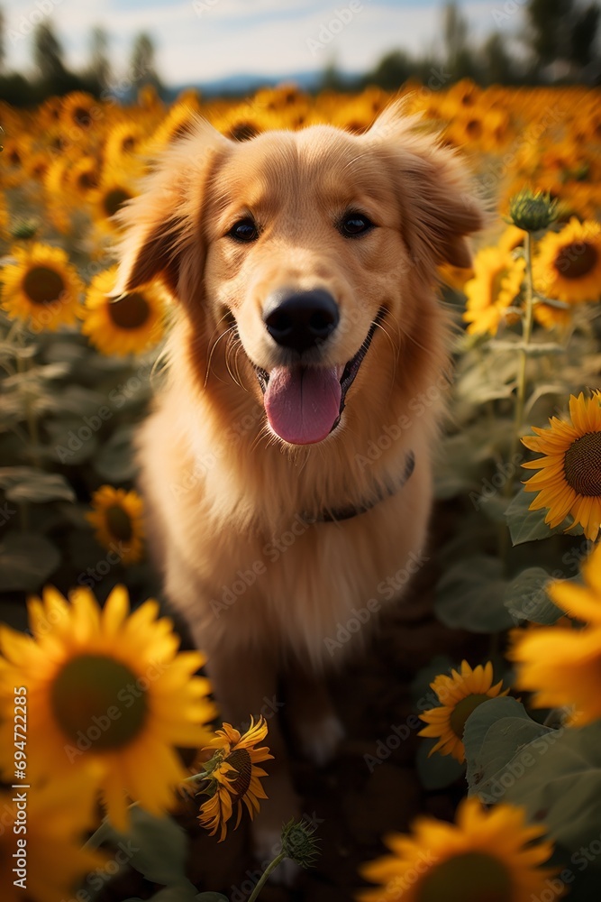 Joyful golden retriever playing in a sunflower field, Generative AI