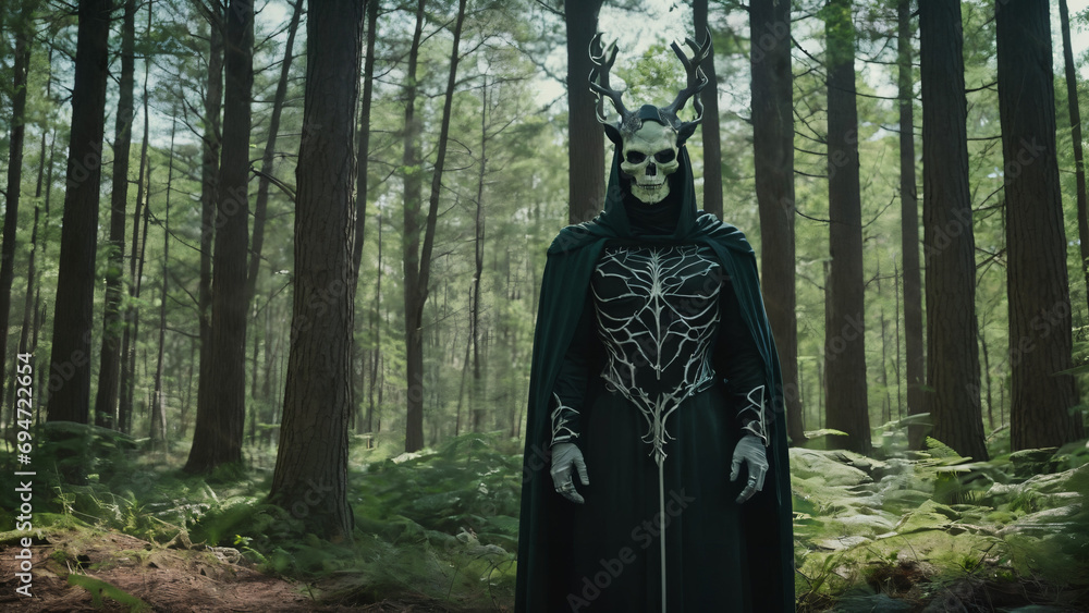 wizard with skull mask in a forest