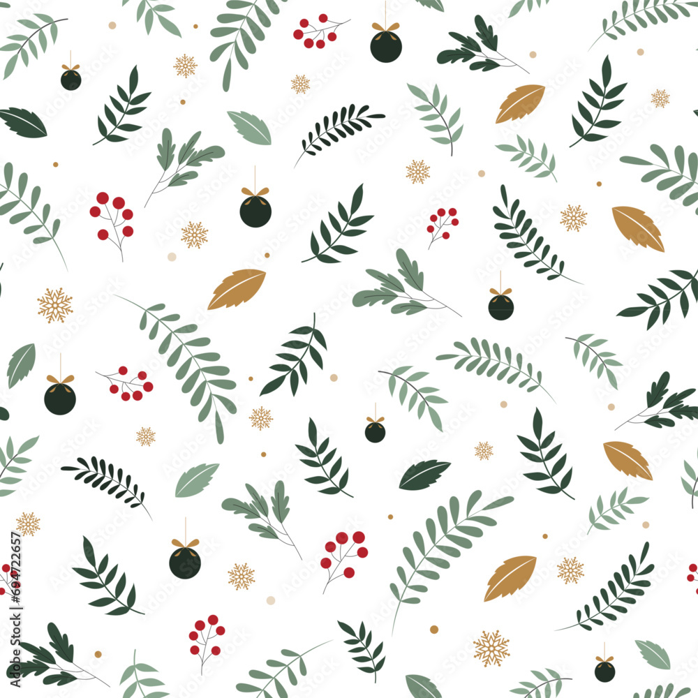 Festive Christmas seamless pattern with leaves and snowflakes on white background for gift wrapping paper, vector design