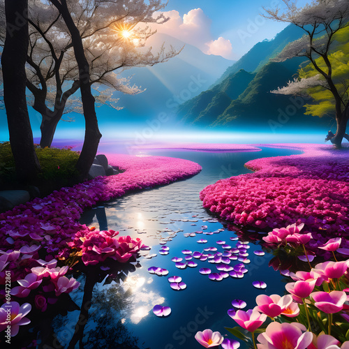 Sacred darkness, soft light, dense spiritual energy, and vibrant fallen flowers surround Shi Hao in a timeless moment of immortality.(Generative AI)