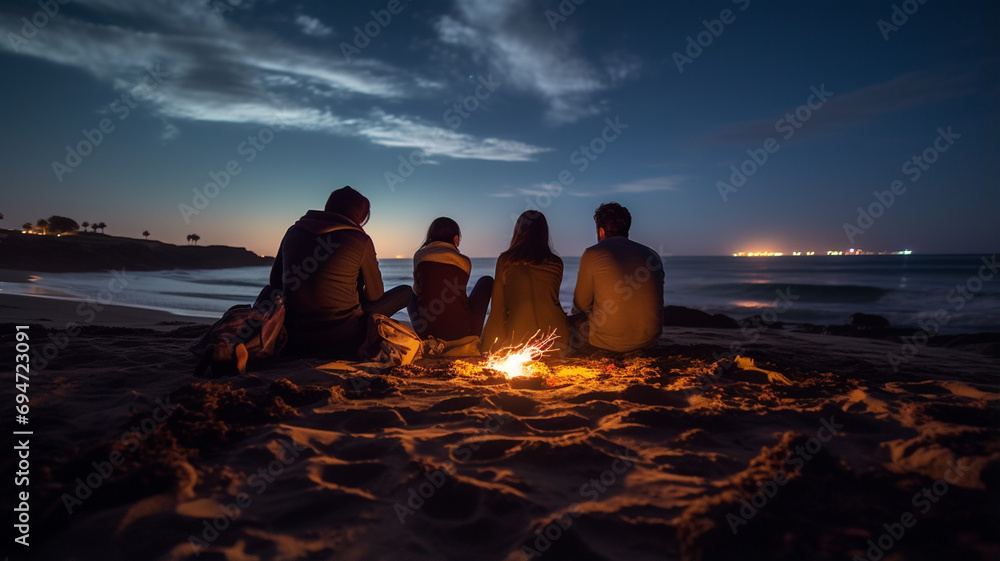 The group of young people are sitting around the bonfire . - obrazy, fototapety, plakaty 