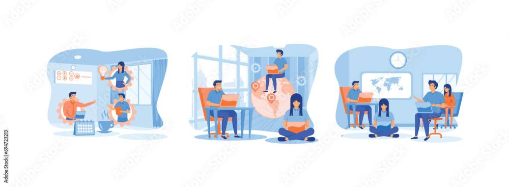 Company development and business strategy, freelance work and recruitment companies, Business Outsourcing, People Using Cloud Systems in Remote Work and Data Storage. Outsourcing set flat vector moder Company development and business strategy, freelance work and recruitment companies, Business Outsourcing, People Using Cloud Systems in Remote Work and Data Storage. Outsourcing set flat vector moder