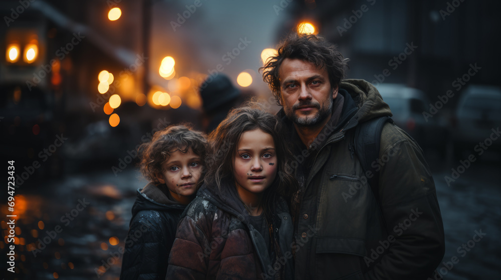 Tired and sad dad with his young children dressed with dirty winter clothes standing outside with a blurry street in background