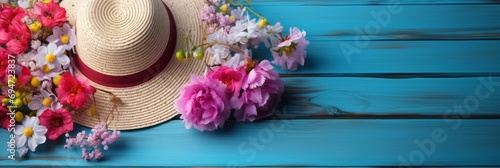 Spring theme Banner, fucsia and white flowers on a blue wooden board, with empty space for text
