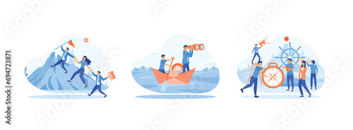 Leader helps team climb cliff and achieve goals, Businessman leader with binoculars lead business team sailing origami ship, Leadership qualities in a creative team, Leadership set flat vector modern 