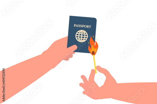 Burns passport, protest government action. Vector illustration.
