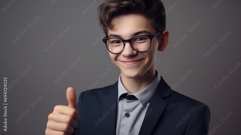 Young businessman at work in office. Modern child in suit and glasses. Concept of success boy thumbs up Young businessman at work in office. Modern child in suit and glasses. Concept of success boy thumbs up