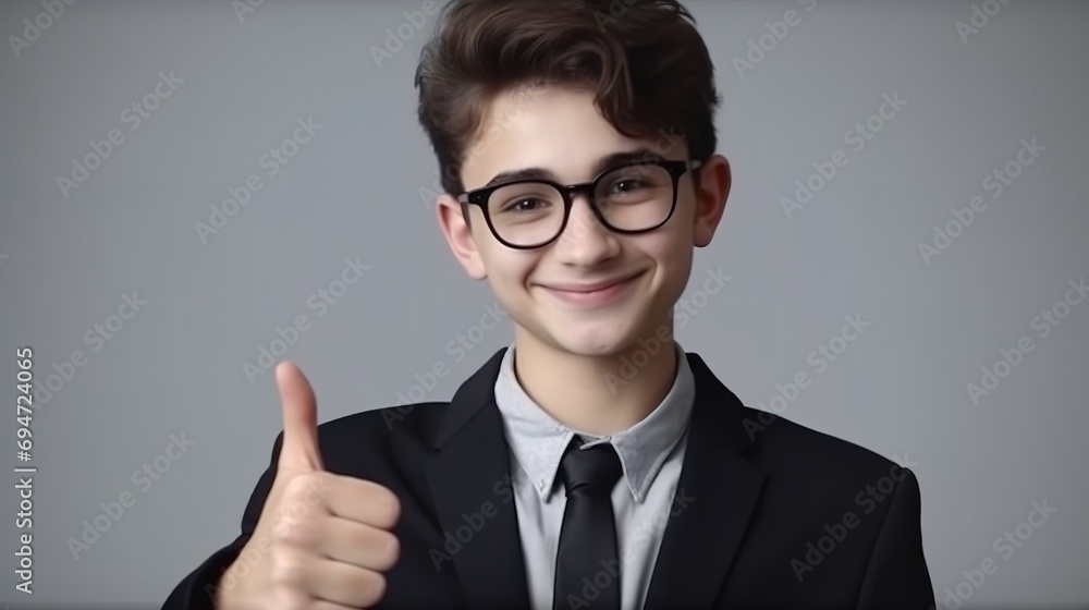 Like. Portrait of happy little boy with suit and glasses smiling at camera and doing thumbs up gesture, showing agree cool approval sign. indoor studio shot isolated on gray background Like. Portrait of happy little boy with suit and glasses smiling at camera and doing thumbs up gesture, showing agree cool approval sign. indoor studio shot isolated on gray background