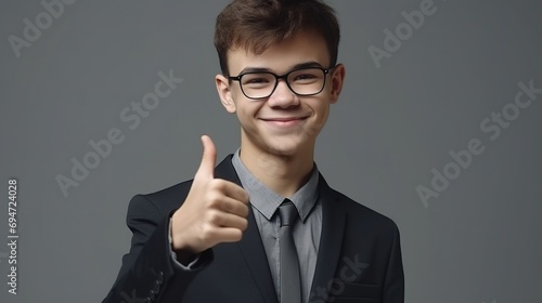 Young businessman at work in office. Modern child in suit and glasses. Concept of success boy thumbs up