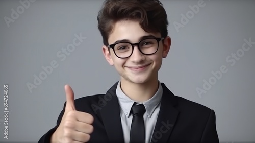 Like. Portrait of happy little boy with suit and glasses smiling at camera and doing thumbs up gesture  showing agree cool approval sign. indoor studio shot isolated on gray background