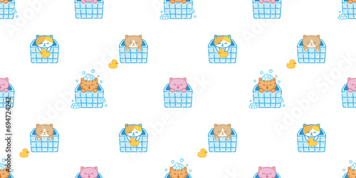 cat seamless pattern shower bathroom bathtub soap bubble kitten calico munchkin neko vector cartoon pet sticker doodle gift wrapping paper tile background repeat wallpaper illustration isolated design
