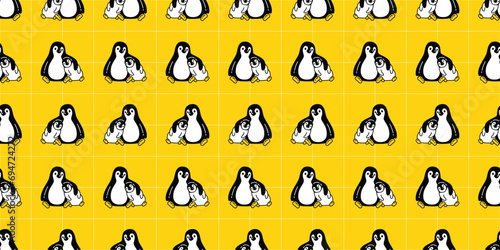 penguin seamless pattern sitting family bird baby hug kid cartoon doodle gift wrapping paper checked tile background repeat wallpaper illustration isolated design © CNuisin