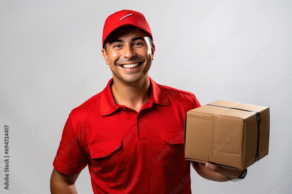Cheerful young Asian man in red cap t-shirt uniform, employee work as dealer courier carrying package box. Professional Delivery service concept Cheerful young Asian man in red cap t-shirt uniform, employee work as dealer courier carrying package box. Professional Delivery service concept