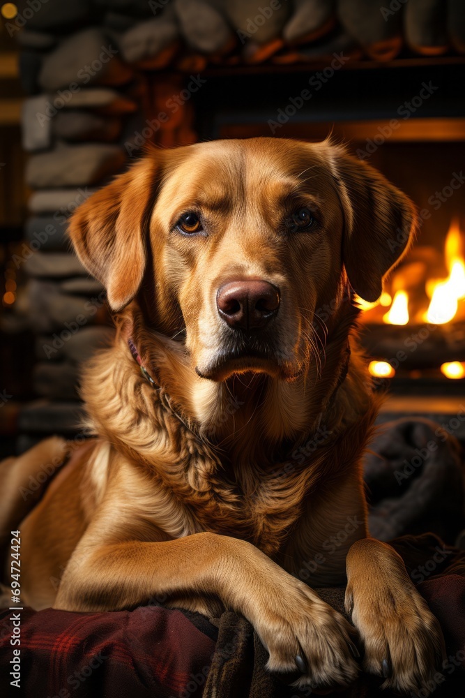 Loyal Labrador retriever by the fireplace, Generative AI Loyal Labrador retriever by the fireplace, Generative AI