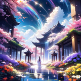 Sacred darkness, soft light, dense spiritual energy, and vibrant fallen flowers surround Shi Hao in a timeless moment of immortality.(Generative AI)