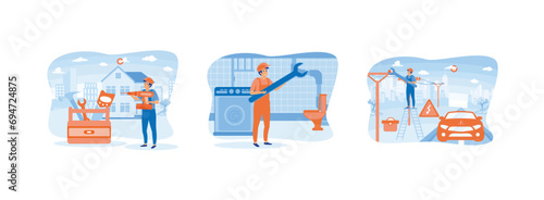 Carpenters services. Receiving bathroom toilet repair services. Car repairing electricity. Home maintenance 1 set flat vector modern illustration